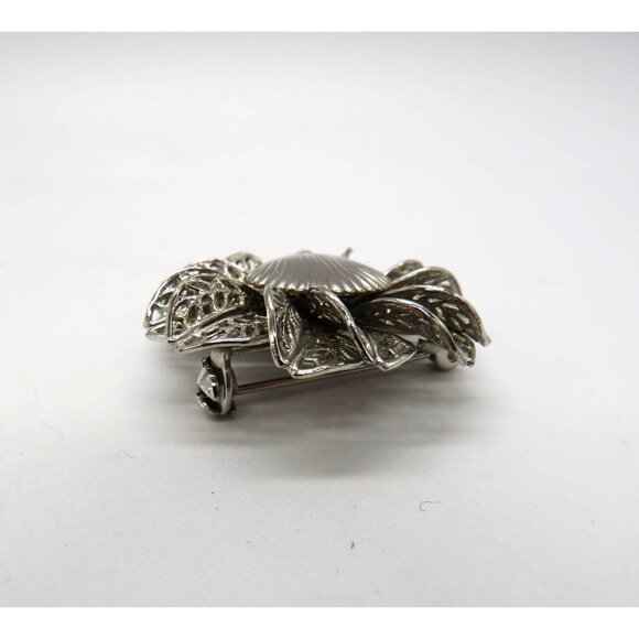 Vintage Flower Brooch Silver Tone Shell Center Filigree Stacked Petals Pin - Picture 5 of 7